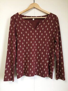 EDC by Esprit Burgundy Maroon Boho Geometric Diamond Print V-Neck Top - L